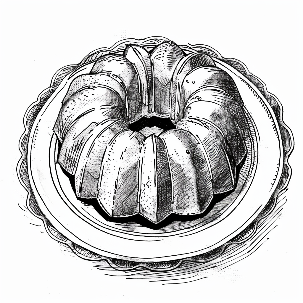 Drawn script sketch, early 1980s, black and white, Bundt cake on a plate 𝙗𝙮 𝙈𝙞𝙙𝙟𝙤𝙪𝙧𝙣𝙚𝙮/𝙏𝙅