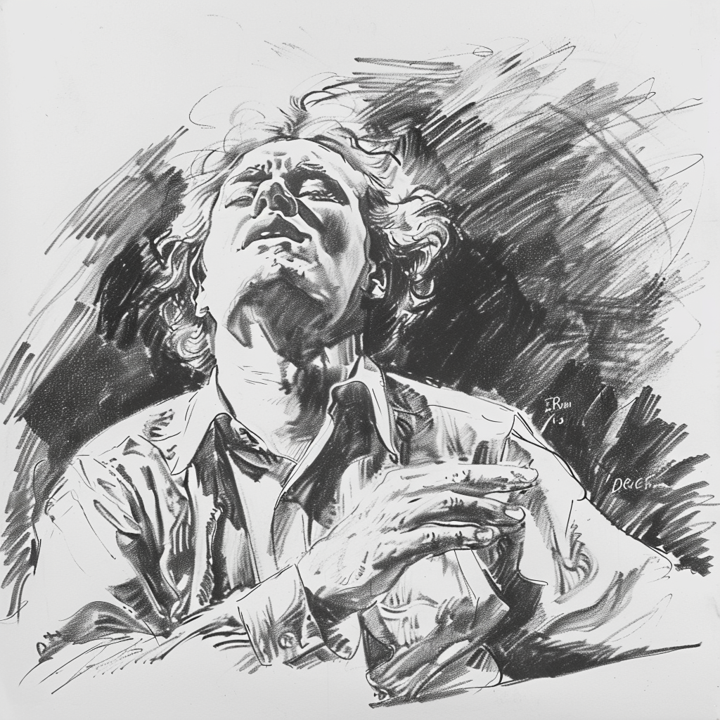 Drawn script sketch, early 1980s, black and white, Joachim Witt sings a song 𝙗𝙮 𝙈𝙞𝙙𝙟𝙤𝙪𝙧𝙣𝙚𝙮/𝙏𝙅