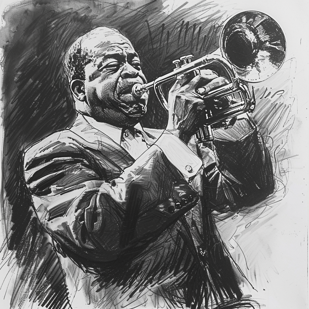 Drawn script sketch, early 1980s, black and white, Louis Armstrong sings 𝙗𝙮 𝙈𝙞𝙙𝙟𝙤𝙪𝙧𝙣𝙚𝙮/𝙏𝙅