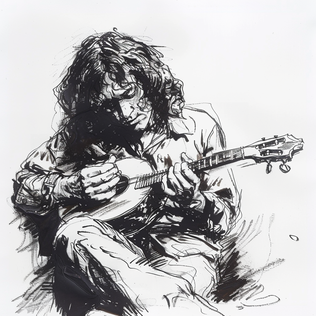 Drawn script sketch, early 1980s, black and white, Rory Gallagher playing mandolin 𝙗𝙮 𝙈𝙞𝙙𝙟𝙤𝙪𝙧𝙣𝙚𝙮/𝙏𝙅