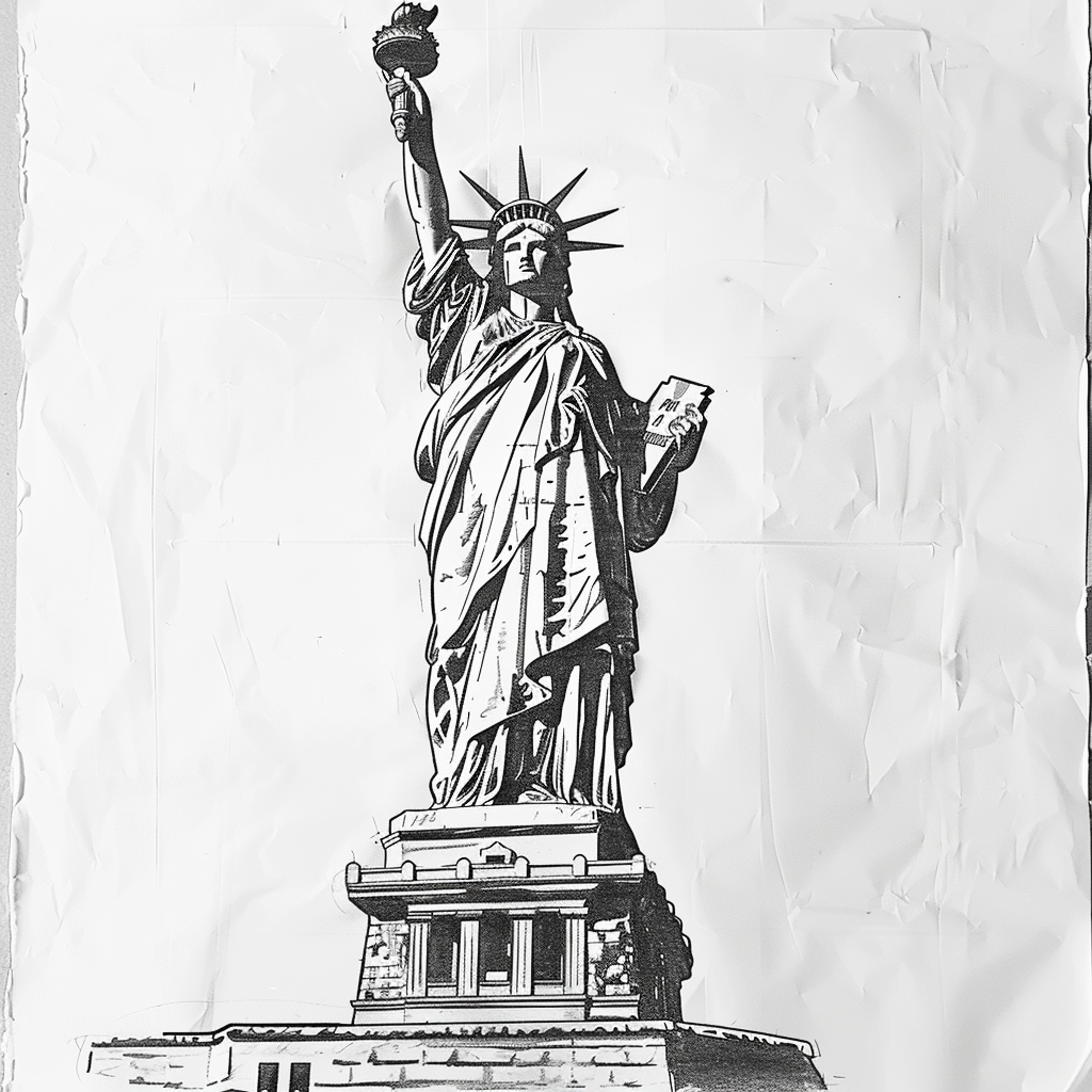 Drawn script sketch, early 1980s, black and white, Statue of Liberty in New York City 𝙗𝙮 𝙈𝙞𝙙𝙟𝙤𝙪𝙧𝙣𝙚𝙮/𝙏𝙅