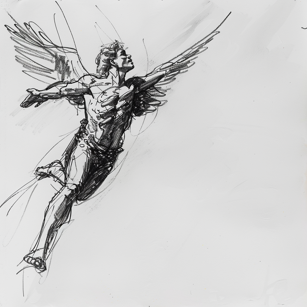 Drawn script sketch, early 1980s, black and white, flying Icarus 𝙗𝙮 𝙈𝙞𝙙𝙟𝙤𝙪𝙧𝙣𝙚𝙮/𝙏𝙅