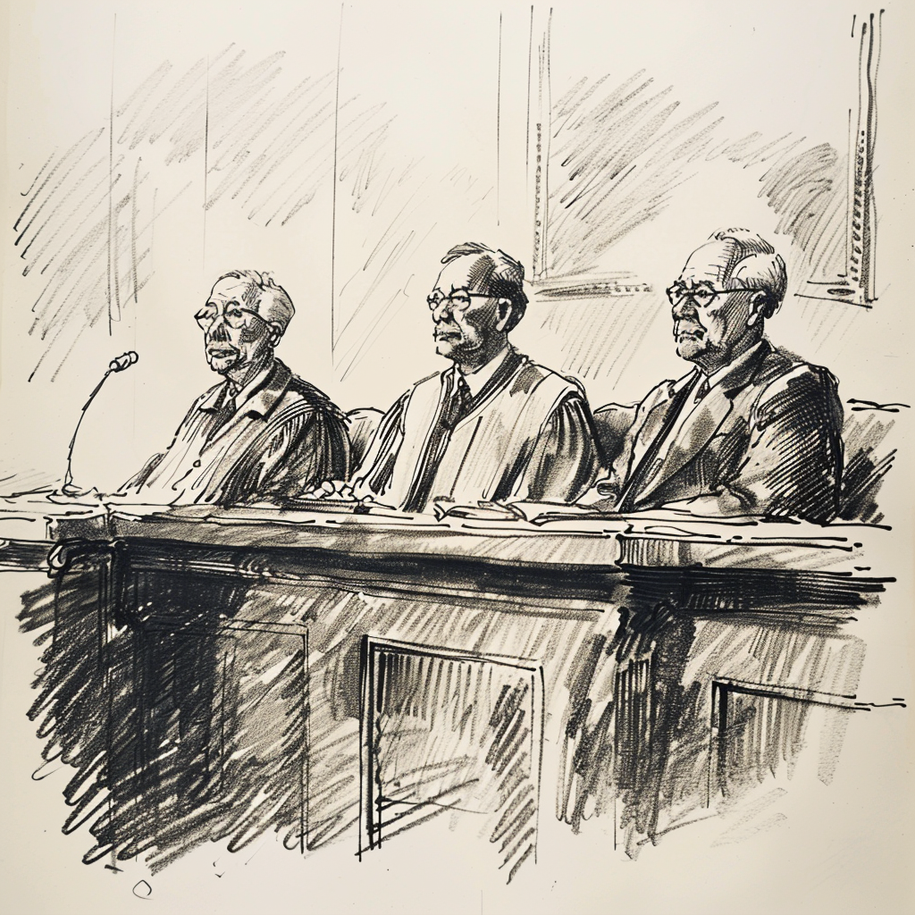 Drawn script sketch, early 1980s, black and white, three judges in a courtroom 𝙗𝙮 𝙈𝙞𝙙𝙟𝙤𝙪𝙧𝙣𝙚𝙮/𝙏𝙅