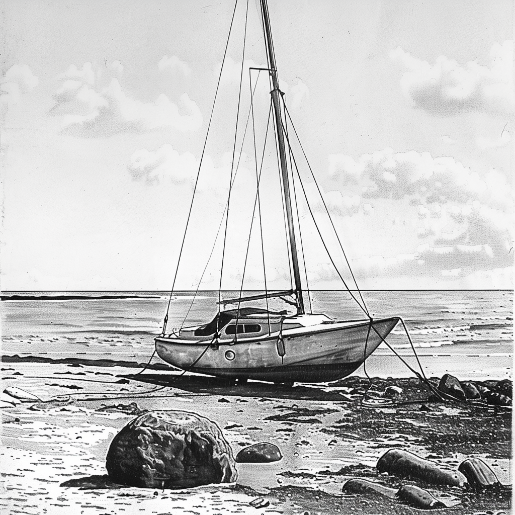 Drawn script sketch, early 1980s, black and white, white sailboat on the beach 𝙗𝙮 𝙈𝙞𝙙𝙟𝙤𝙪𝙧𝙣𝙚𝙮/𝙏𝙅