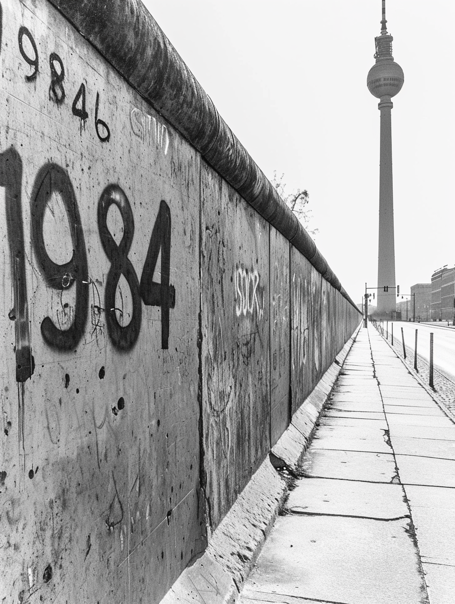 A section of the Berlin Wall, on the wall the numbers "1984" in very large letters as graffiti, Berlin TV tower somewhere, in courtroom sketch style, black and white 𝙗𝙮 𝙈𝙞𝙙𝙟𝙤𝙪𝙧𝙣𝙚𝙮/𝙏𝙅