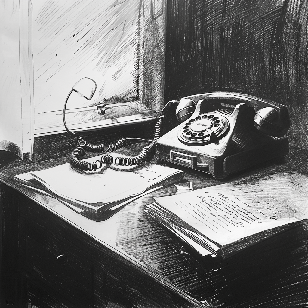 Drawn script sketch, early 1980s, black and white, an old rotary dial telephone on a dark desk 𝙗𝙮 𝙈𝙞𝙙𝙟𝙤𝙪𝙧𝙣𝙚𝙮/𝙏𝙅