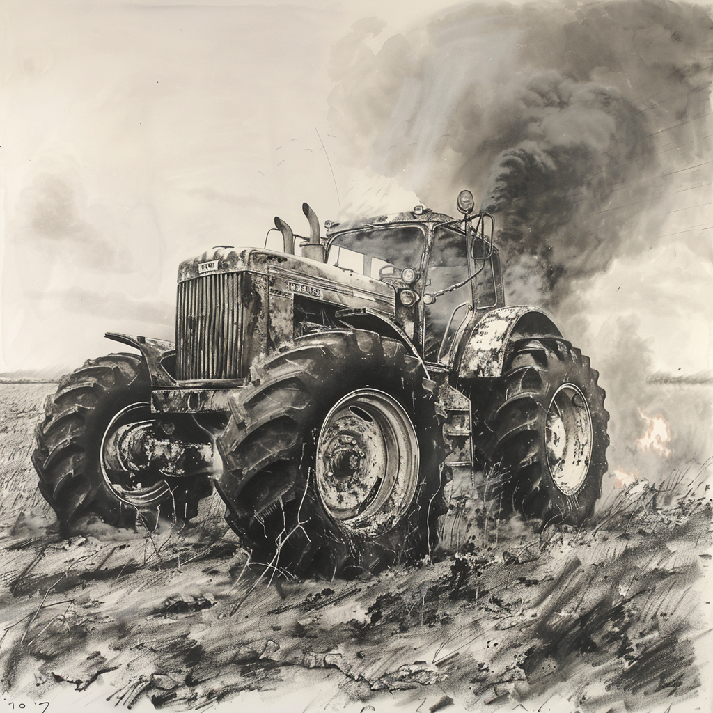 Drawn script sketch, early 1980s, black and white, burning tractor 𝙗𝙮 𝙈𝙞𝙙𝙟𝙤𝙪𝙧𝙣𝙚𝙮/𝙏𝙅
