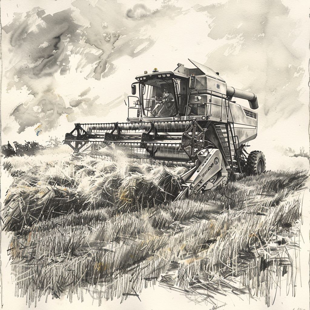 Drawn script sketch, early 1980s, black and white, combine harvester at the harvest 𝙗𝙮 𝙈𝙞𝙙𝙟𝙤𝙪𝙧𝙣𝙚𝙮/𝙏𝙅