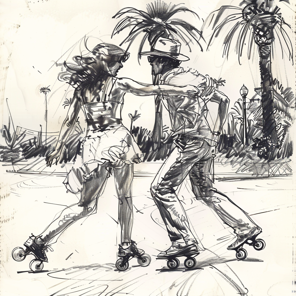 Drawn script sketch, early 1980s, black and white, dancing roller skaters in Venice Beach 𝙗𝙮 𝙈𝙞𝙙𝙟𝙤𝙪𝙧𝙣𝙚𝙮/𝙏𝙅