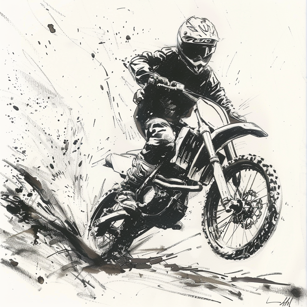Drawn script sketch, early 1980s, black and white, motocross in action 𝙗𝙮 𝙈𝙞𝙙𝙟𝙤𝙪𝙧𝙣𝙚𝙮/𝙏𝙅