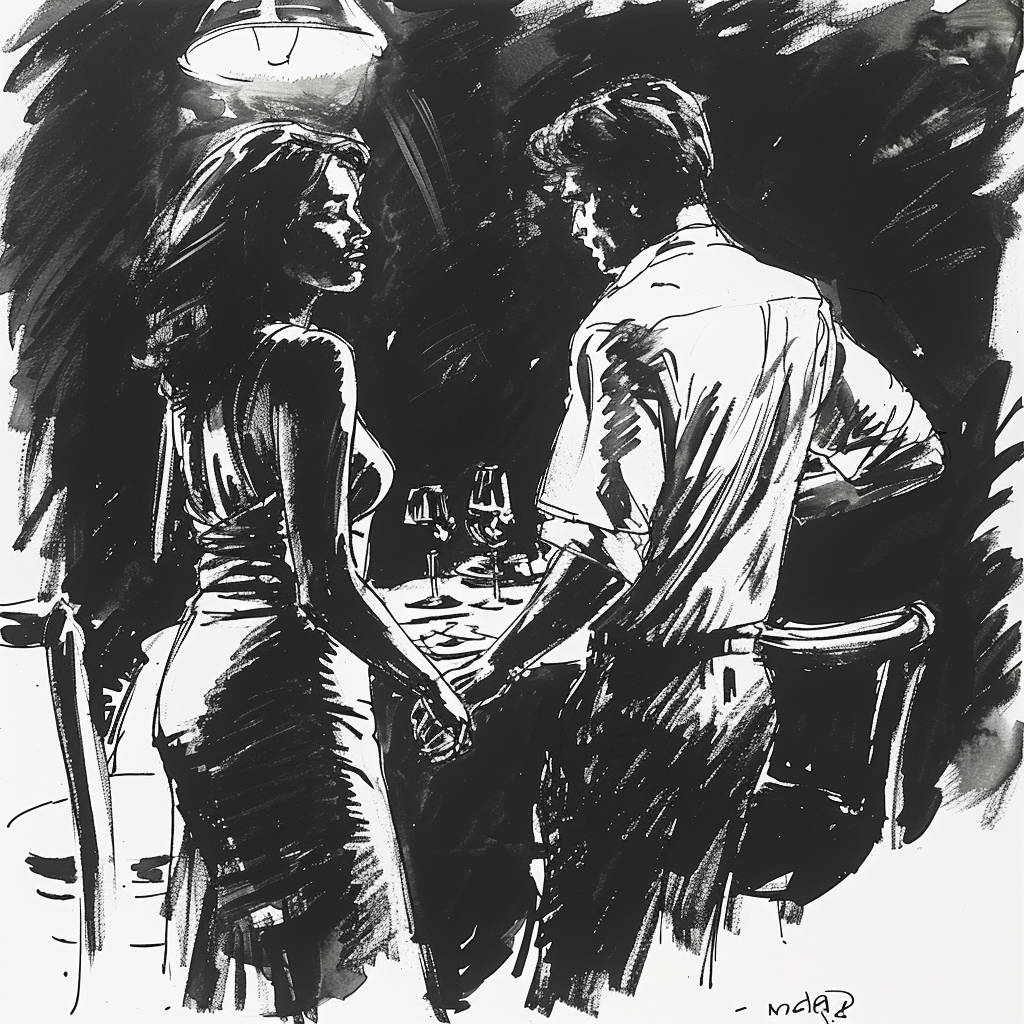 Drawn script sketch, early 1980s, black and white, private table dance 𝙗𝙮 𝙈𝙞𝙙𝙟𝙤𝙪𝙧𝙣𝙚𝙮/𝙏𝙅