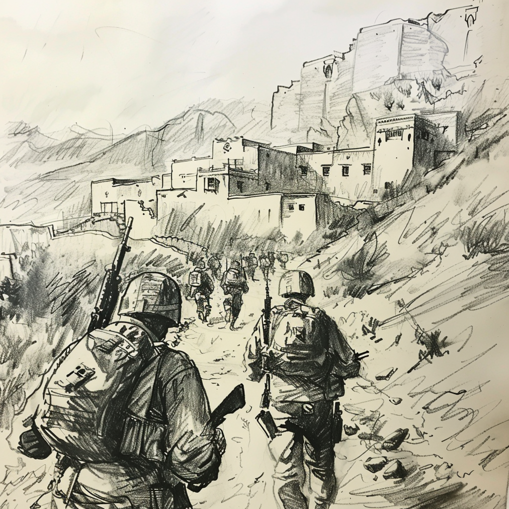 Drawn script sketch, late 1970s, black and white, invasion of Afghanistan by the Red Army 𝙗𝙮 𝙈𝙞𝙙𝙟𝙤𝙪𝙧𝙣𝙚𝙮/𝙏𝙅