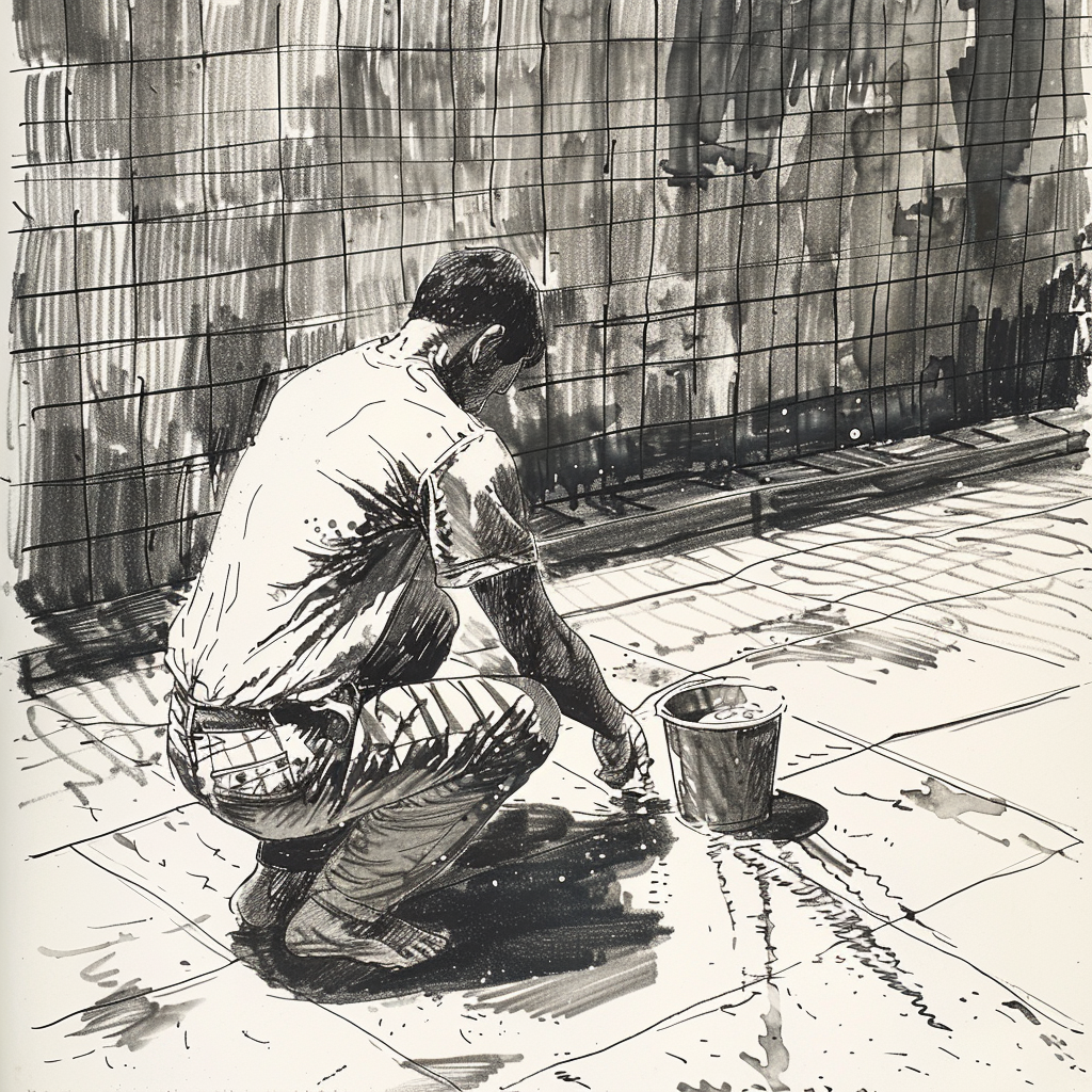 Drawn script sketch, early 1980s, a prisoner scrubbing the floor on his knees 𝙗𝙮 𝙈𝙞𝙙𝙟𝙤𝙪𝙧𝙣𝙚𝙮/𝙏𝙅