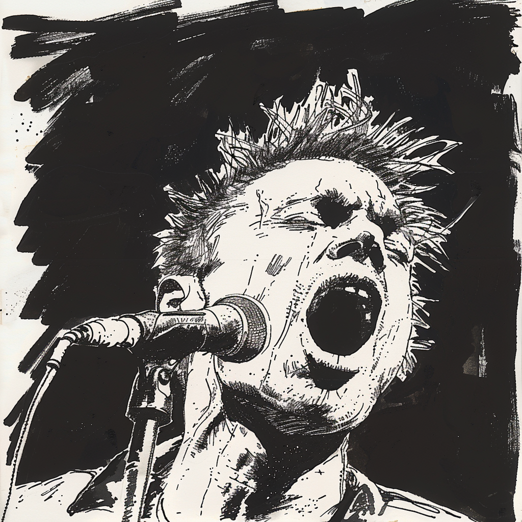 Drawn script sketch, early 1980s, black and white, Johnny Rotten sings a punk song 𝙗𝙮 𝙈𝙞𝙙𝙟𝙤𝙪𝙧𝙣𝙚𝙮/𝙏𝙅