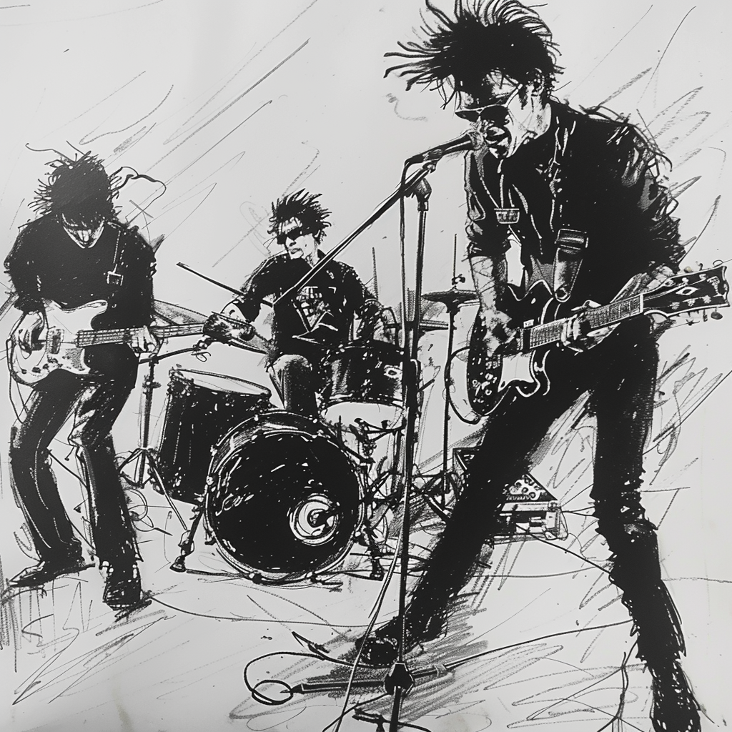 Drawn script sketch, early 1980s, black and white, a punk band in action 𝙗𝙮 𝙈𝙞𝙙𝙟𝙤𝙪𝙧𝙣𝙚𝙮/𝙏𝙅