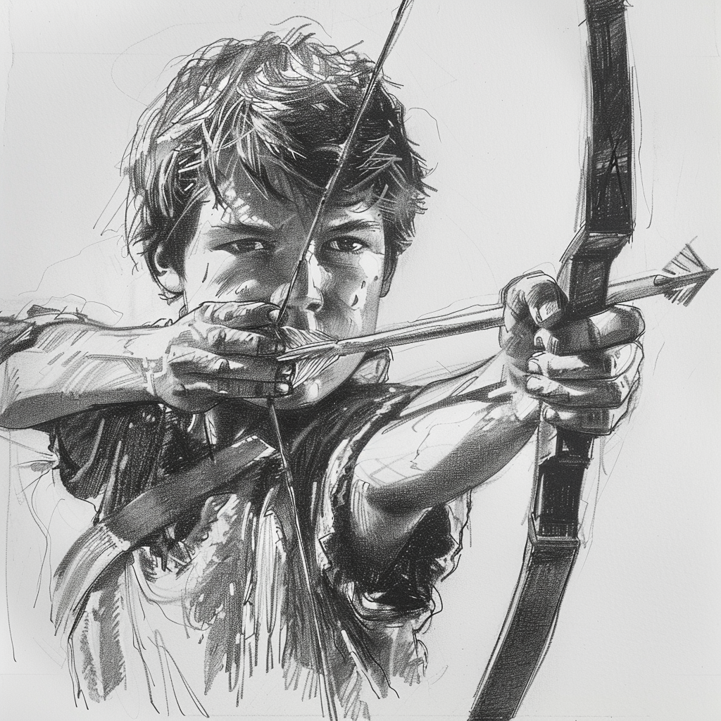 Drawn script sketch, early 1980s, black and white, a teenager with bow and arrow 𝙗𝙮 𝙈𝙞𝙙𝙟𝙤𝙪𝙧𝙣𝙚𝙮/𝙏𝙅