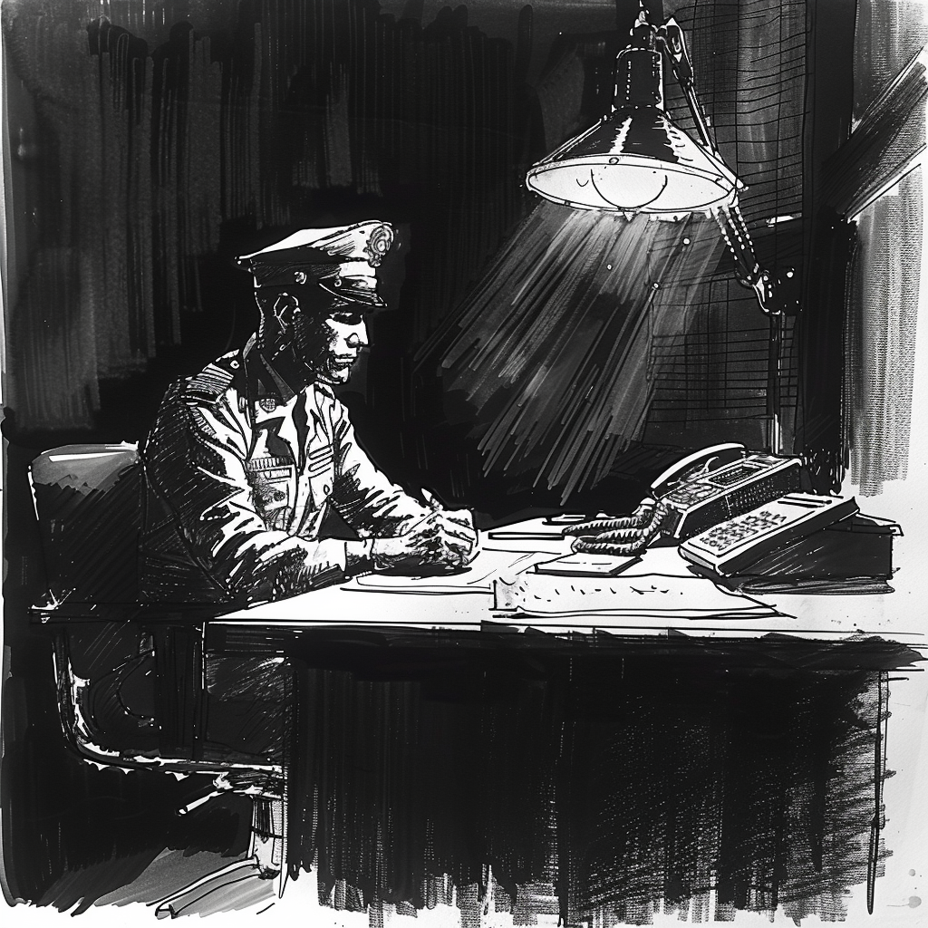 Drawn script sketch, early 1980s, black and white, an officer on watch behind his desk 𝙗𝙮 𝙈𝙞𝙙𝙟𝙤𝙪𝙧𝙣𝙚𝙮/𝙏𝙅