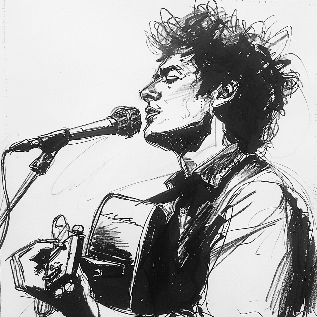 Drawn script sketch, early 1980s, black and white, Bob Dylan sings a song 𝙗𝙮 𝙈𝙞𝙙𝙟𝙤𝙪𝙧𝙣𝙚𝙮/𝙏𝙅