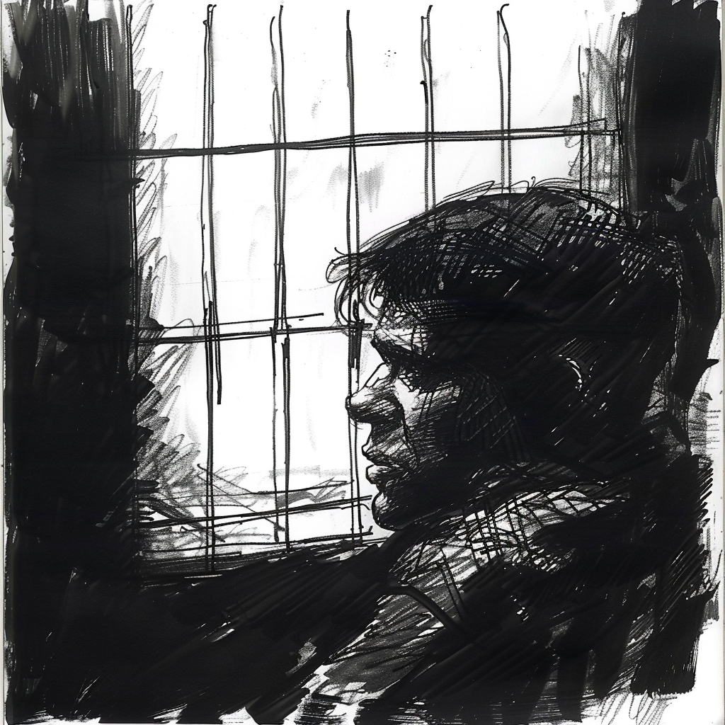 Drawn script sketch, early 1980s, black and white, a frustrated prisoner looks out of a barred window 𝙗𝙮 𝙈𝙞𝙙𝙟𝙤𝙪𝙧𝙣𝙚𝙮/𝙏𝙅