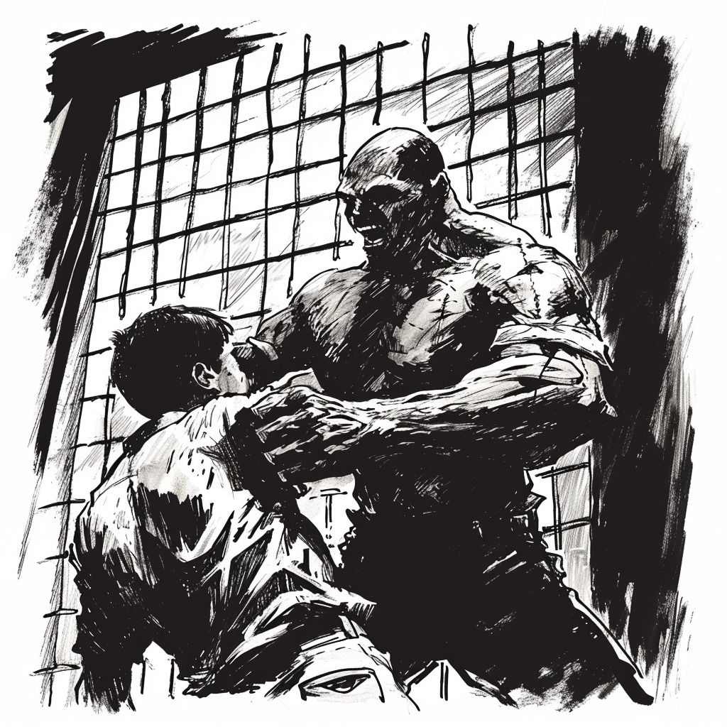 A big strong man in prison, surprisingly brutally hitting a young teenager in the pit of the stomach with his right fist from an ambush, in courtroom illustrator style, black and white 𝙗𝙮 𝙈𝙞𝙙𝙟𝙤𝙪𝙧𝙣𝙚𝙮/𝙏𝙅