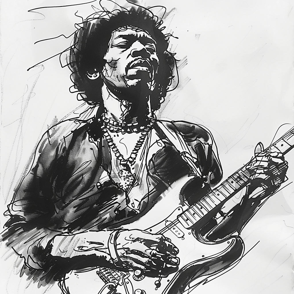 Drawn script sketch, early 1970s, black and white, Jimi Hendrix playing guitar 𝙗𝙮 𝙈𝙞𝙙𝙟𝙤𝙪𝙧𝙣𝙚𝙮/𝙏𝙅