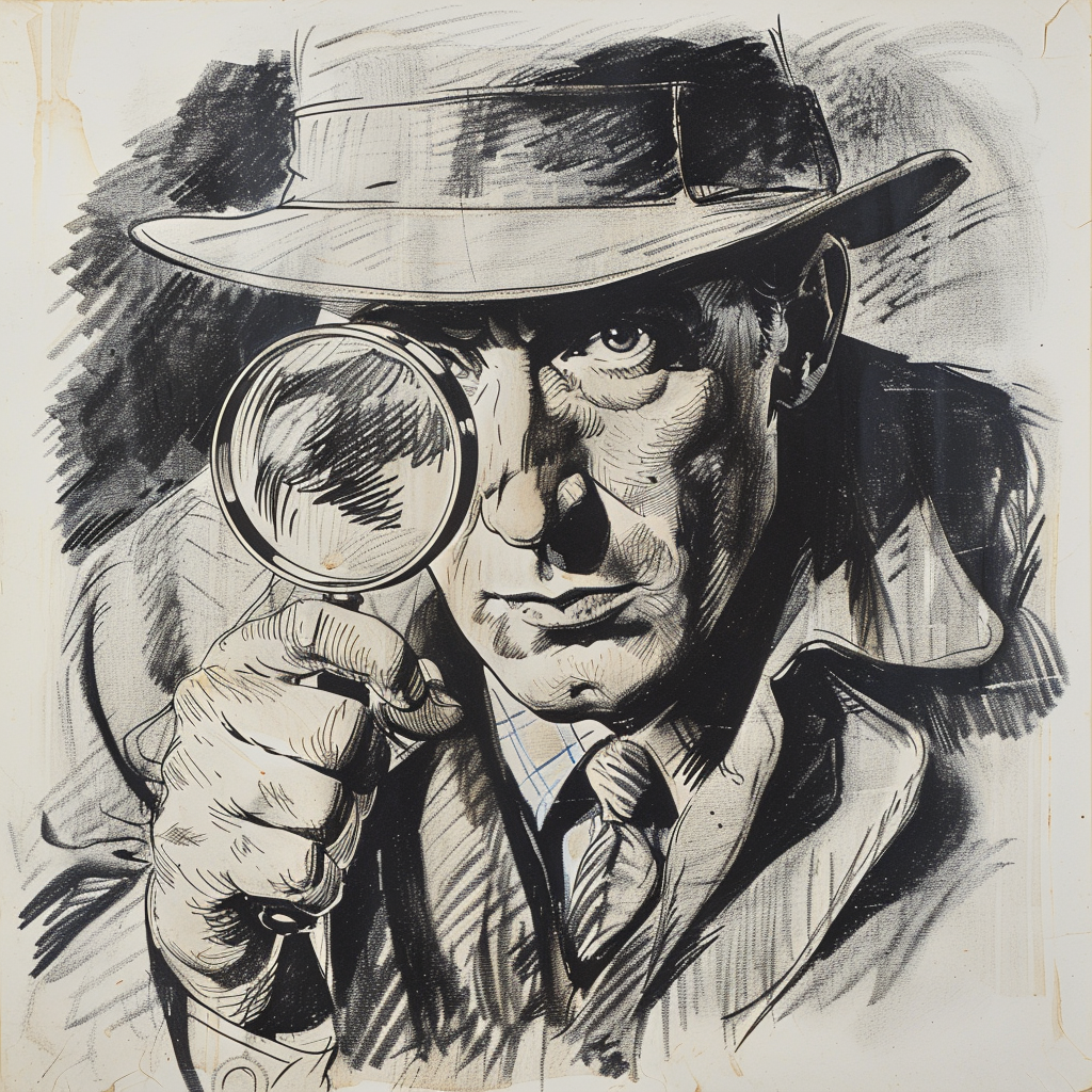 Drawn script sketch, early 1980s, black and white, Scherlock Holmes with magnifying glass 𝙗𝙮 𝙈𝙞𝙙𝙟𝙤𝙪𝙧𝙣𝙚𝙮/𝙏𝙅
