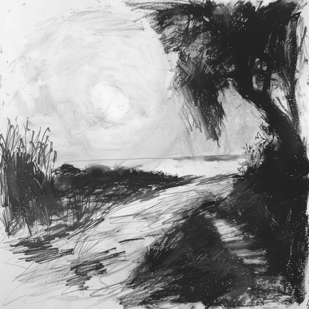 Drawn script sketch, early 1980s, black and white, a sunset 𝙗𝙮 𝙈𝙞𝙙𝙟𝙤𝙪𝙧𝙣𝙚𝙮/𝙏𝙅
