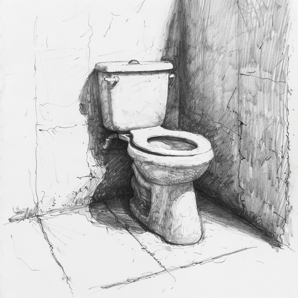 Drawn script sketch, early 1980s, black and white, an open toilet bowl in a corner 𝙗𝙮 𝙈𝙞𝙙𝙟𝙤𝙪𝙧𝙣𝙚𝙮/𝙏𝙅