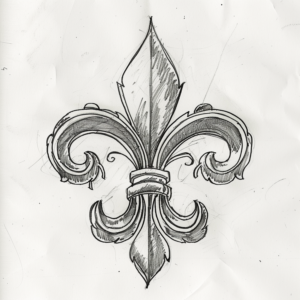 Drawn script sketch, early 1980s, black and white, fleur de lis, very simple minimalistic design, no shading or detail 𝙗𝙮 𝙈𝙞𝙙𝙟𝙤𝙪𝙧𝙣𝙚𝙮/𝙏𝙅