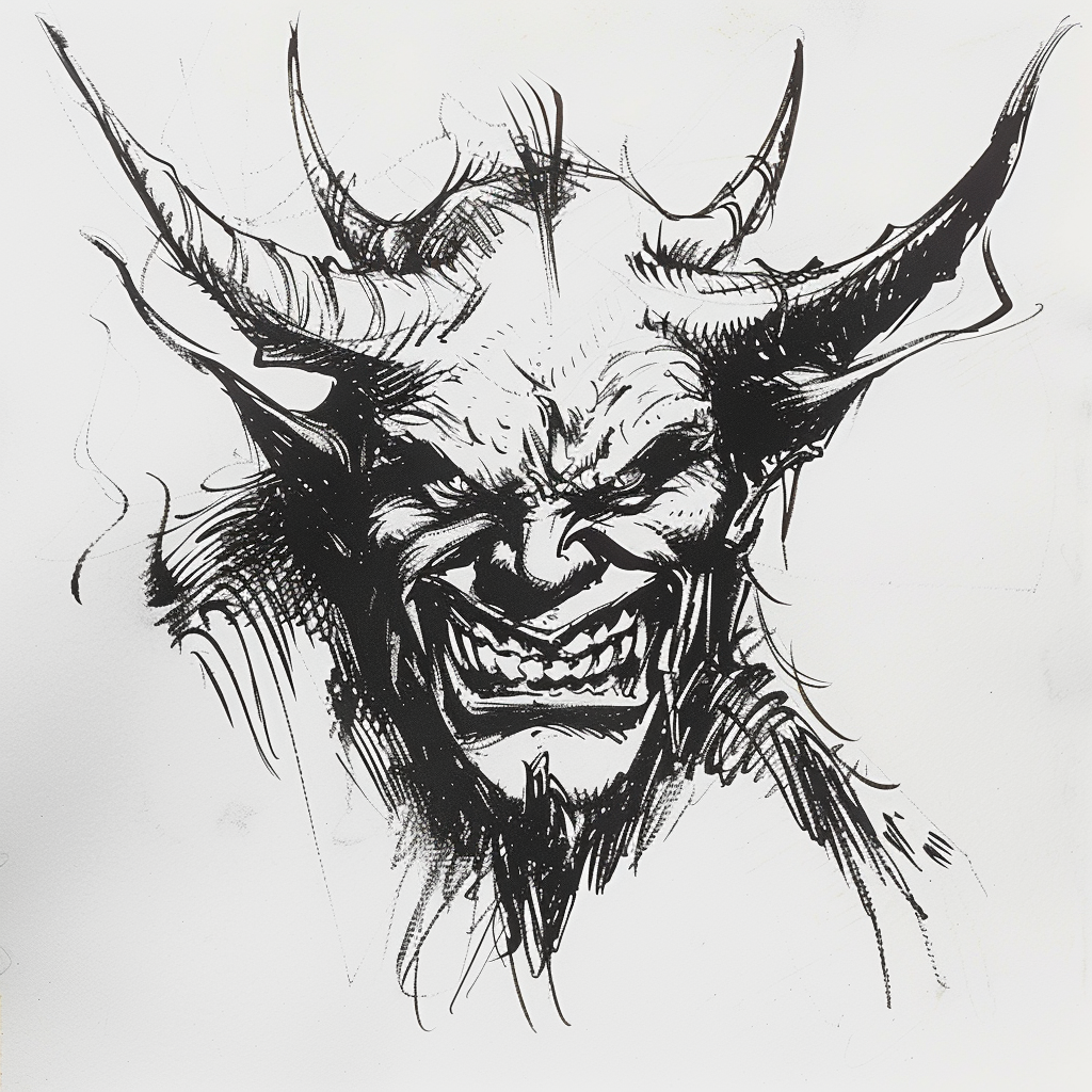 Drawn script sketch, early 1980s, black and white, head of a devil 𝙗𝙮 𝙈𝙞𝙙𝙟𝙤𝙪𝙧𝙣𝙚𝙮/𝙏𝙅